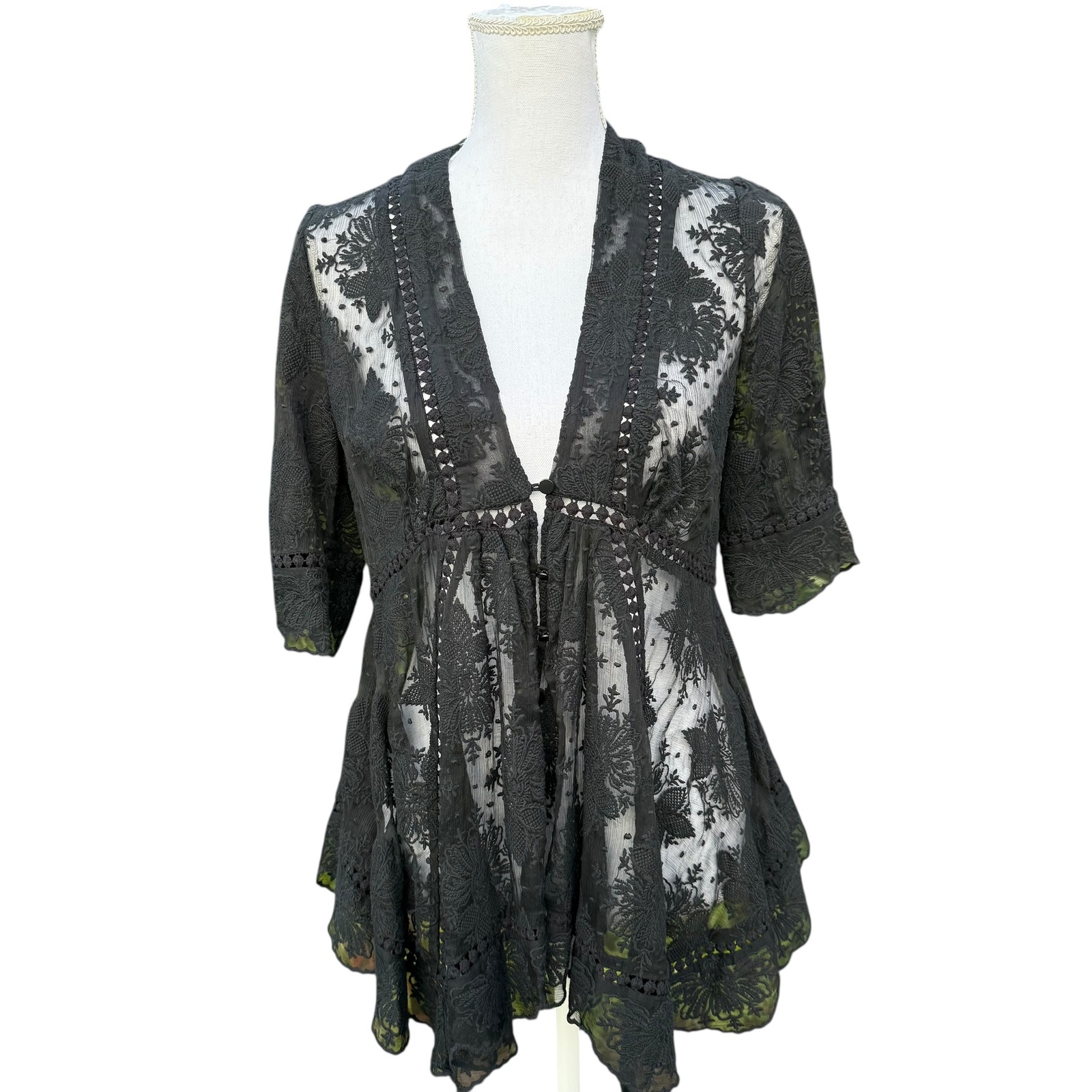 Zimmermann Black Lace Overlay Kimono Jacket Top Cover Up Sheer Size 1 Us Medium